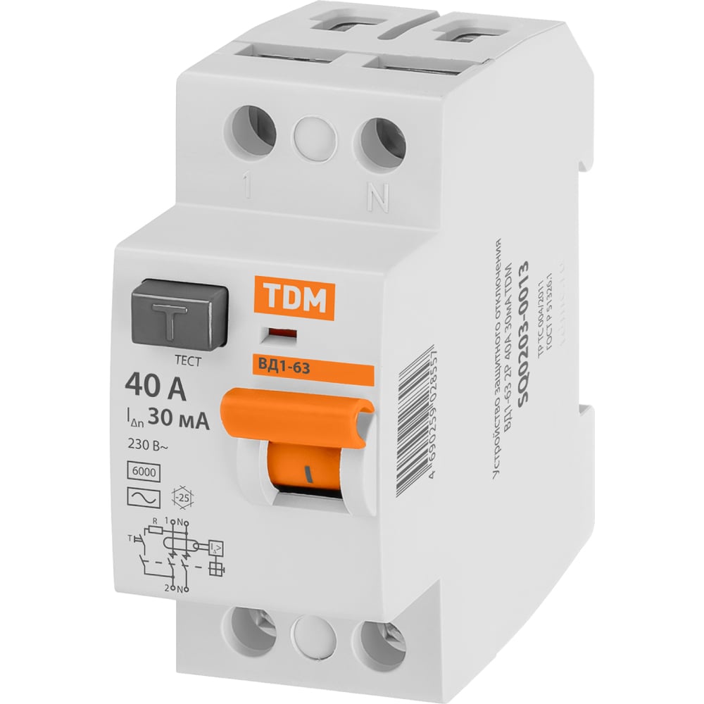 Устройство защитного отключения TDM ELECTRIC ВД1-63 2Р 40А 30мА SQ0203-0013