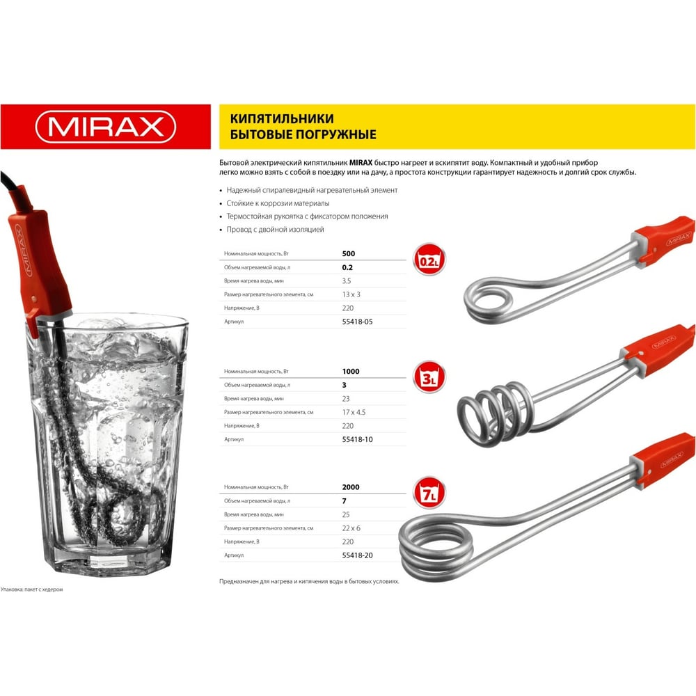 Кипятильник MIRAX 2000 Вт, 220В 55418-20