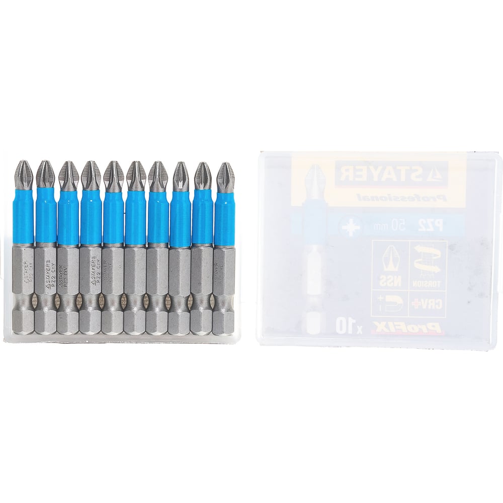 Биты PROFESSIONAL ProFix Pozidriv (10 шт; 50 мм; PZ2; 1/4) STAYER 26223-2-50-10_z01"