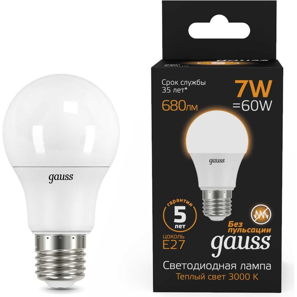 Лампа Gauss LED A60 E27 7W 3000K SQ 102502107