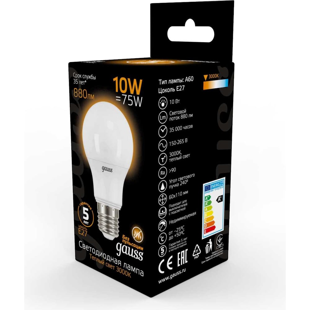 Лампа Gauss LED A60 10W E27 880lm 3000K 102502110