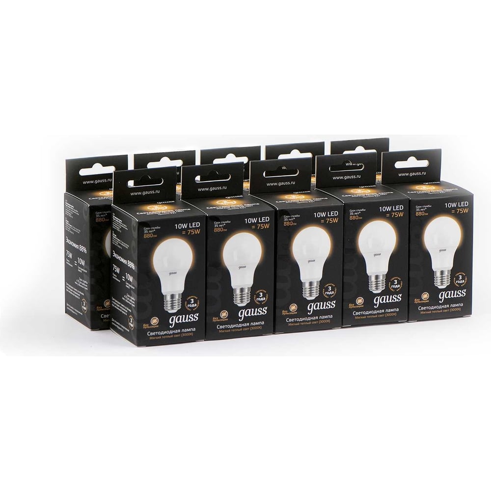 Лампа Gauss LED A60 10W E27 880lm 3000K 102502110