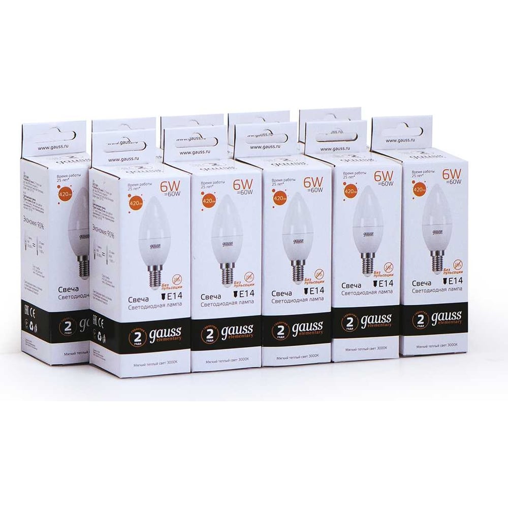 Светодиодная лампа Gauss Elementary Свеча 6W 420lm 3000K Е14 LED 1/10/100 33116