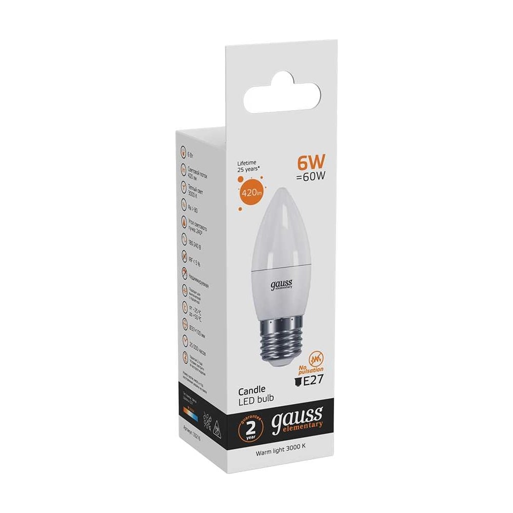 Лампа Gauss LED Elementary Candle 6W E27 2700K SQ 33216