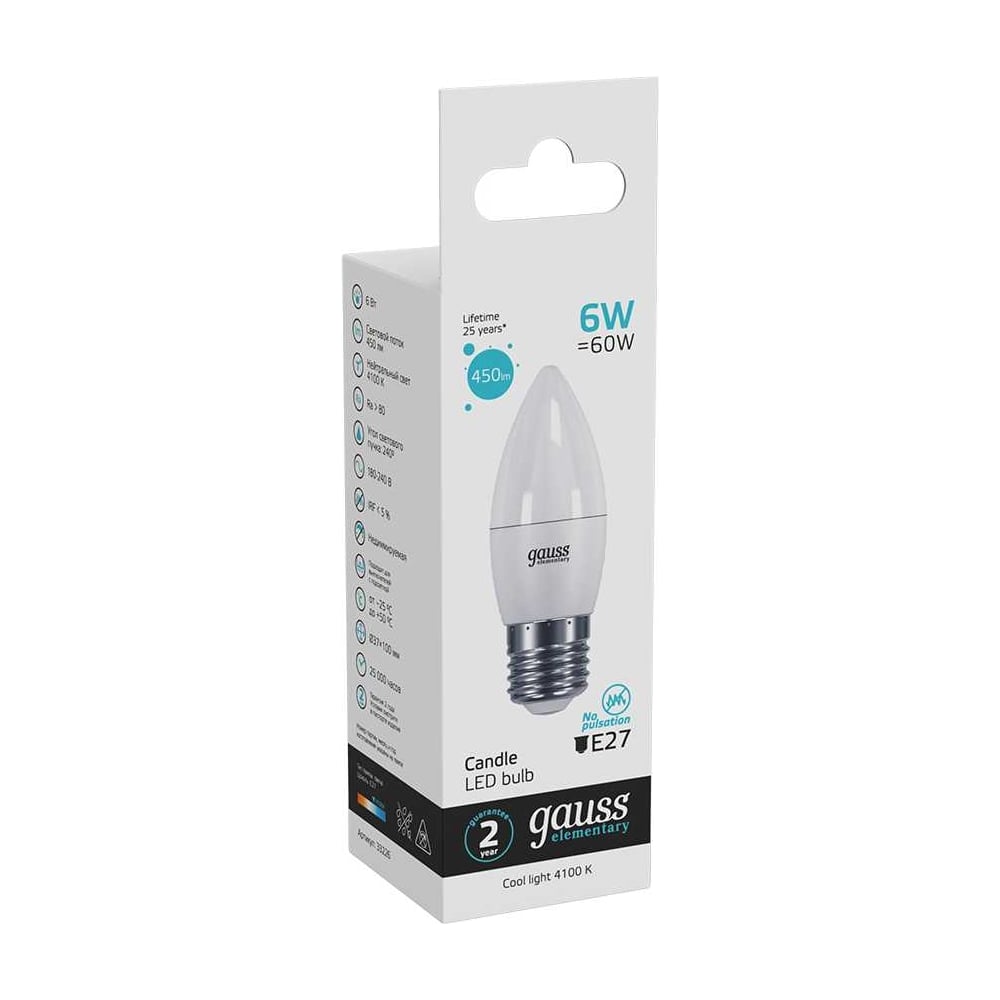 Лампа Gauss LED Elementary Candle 6W E27 4100K SQ 33226