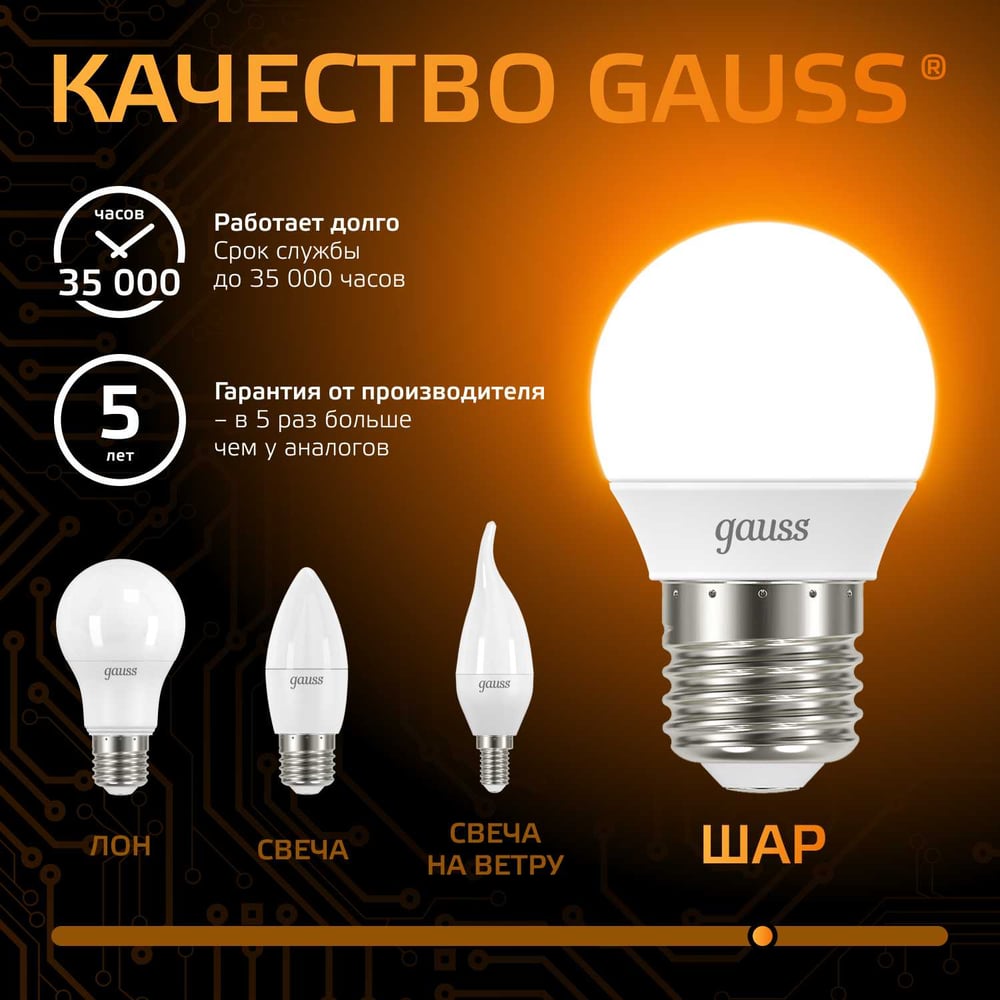 Лампа Gauss LED Шар E27 9.5W 890lm 3000K 105102110