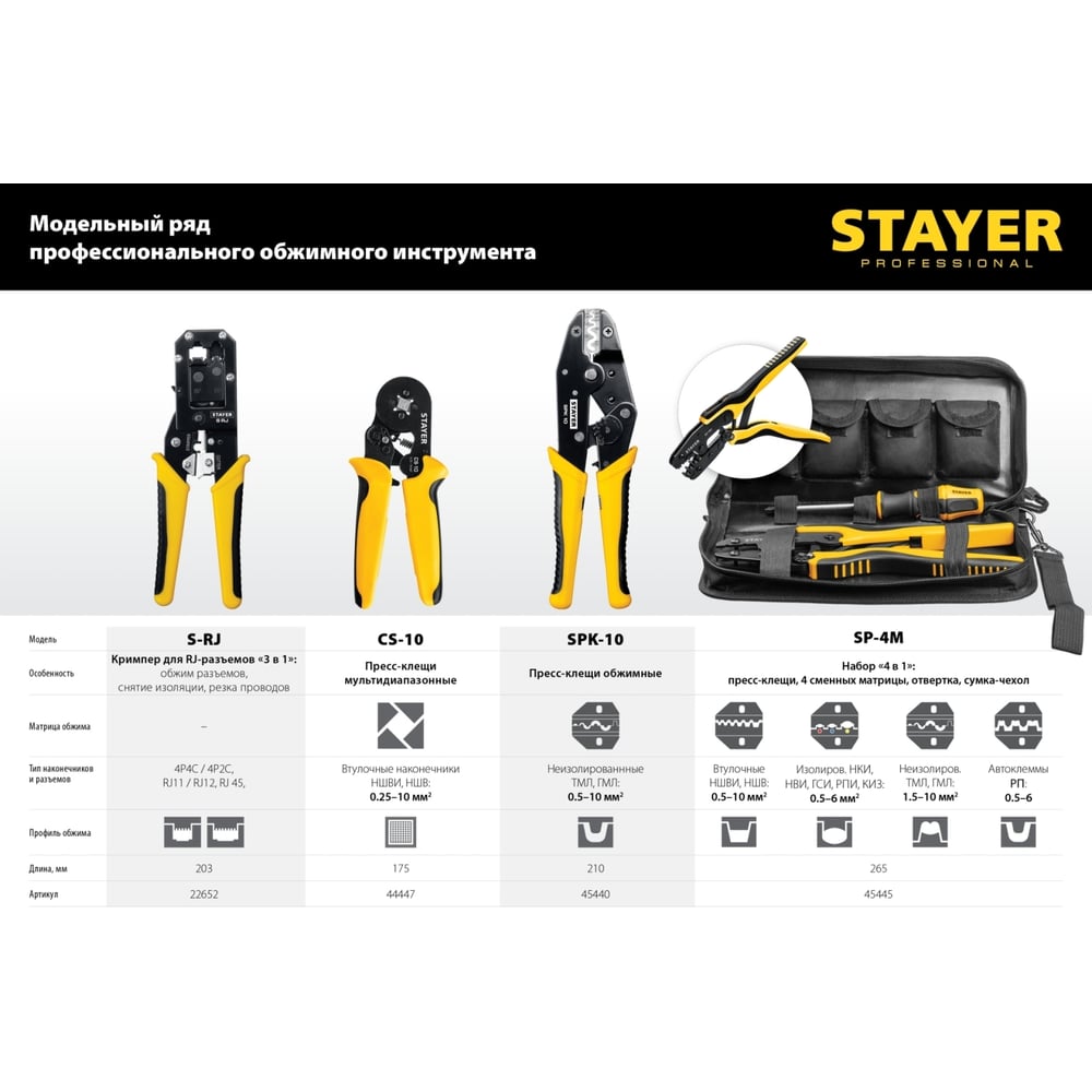 Мультидиапазонные пресс-клещи STAYER CS-10 0.25 - 10 мм2 44447