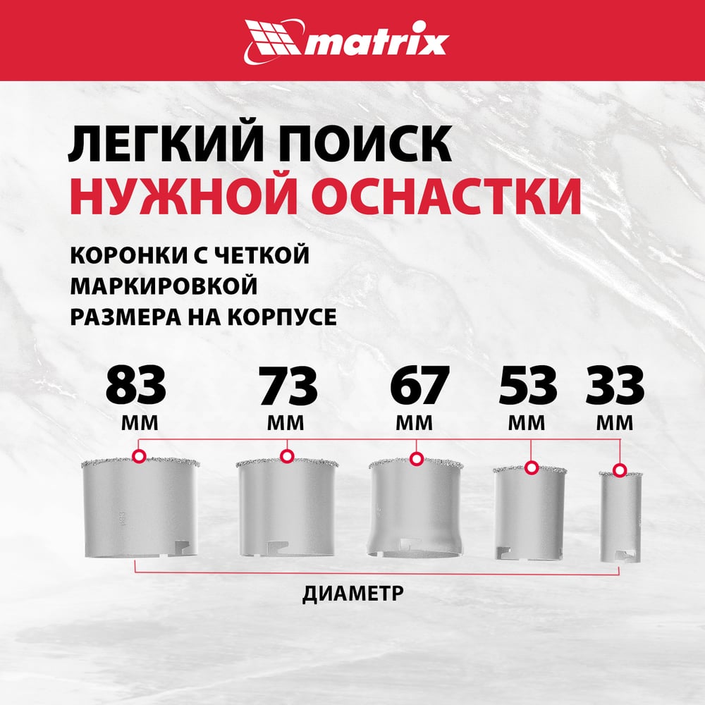 Набор коронок по керамической плитке (33-83 мм) + напильник MATRIX 72842