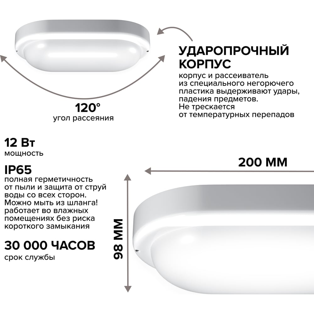 Светодиодный светильник Wolta LED 12Вт 4000К дневной свет IP651140Лм овал LCL05-12W-P01-4K