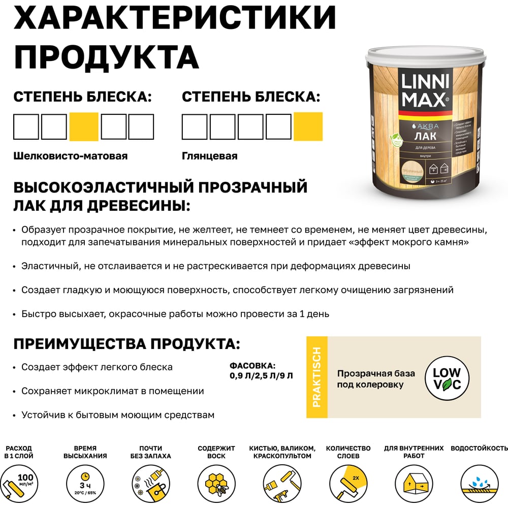 Аква Лак для дерева LINNIMAX шелковисто-матовый 2,5 л 948105355