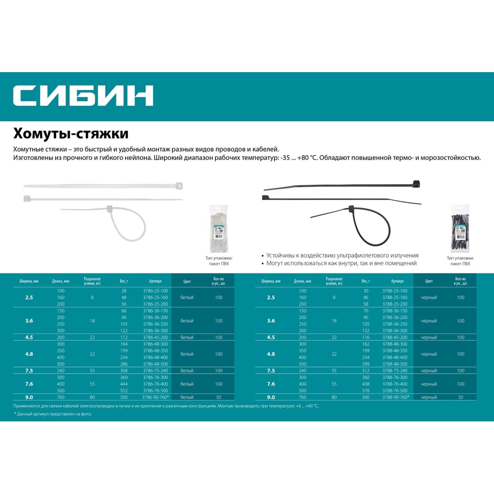 Хомуты-стяжки СИБИН белые ХС-Б, 3.6 х 150 мм, 100 шт, нейлоновые, 3786-36-150