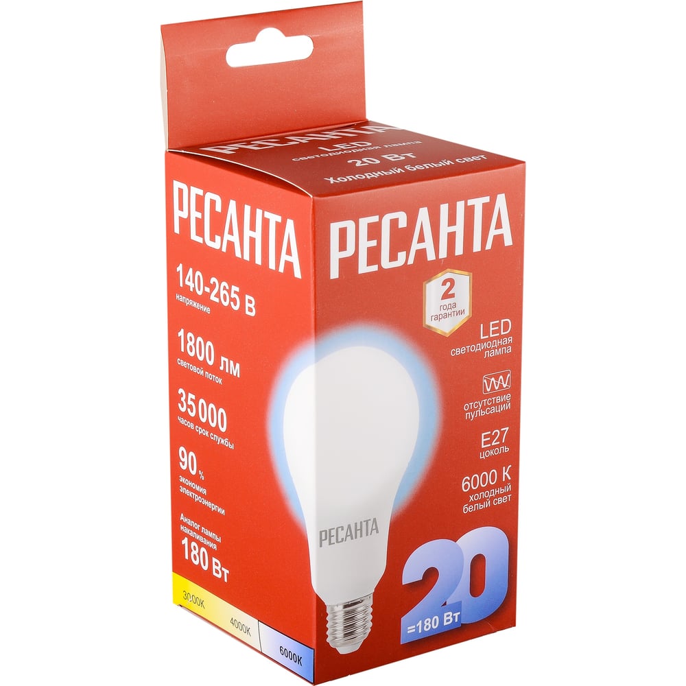 Светодиодная лампа Ресанта LL-R-A80-20W-230-6K-E27 груша, 20Вт, холодный, Е27 76/1/76