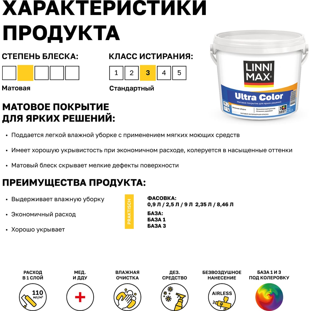 Водно-дисперсионная для внутренних работ краска LINNIMAX Ultra Color База 3 2,35 л 948105628