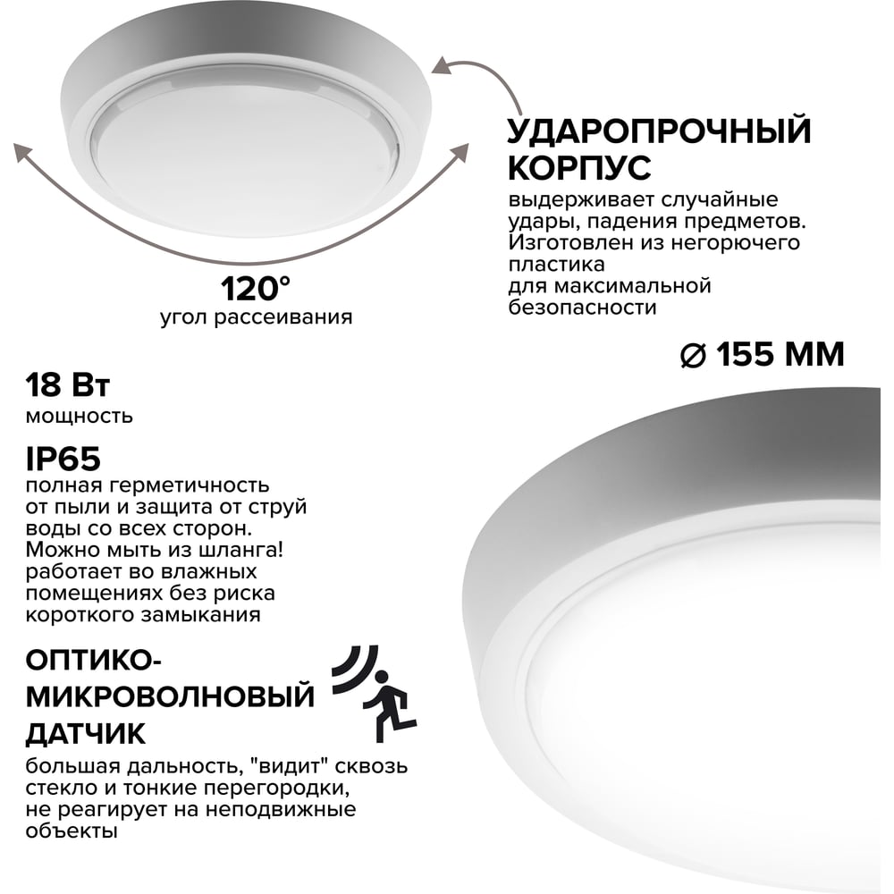 Светодиодный светильник Wolta c микроволновым датчиком 18Вт круг 6500K Холодный свет IP65 1440Лм LCL04-18W-R21-6K-SM