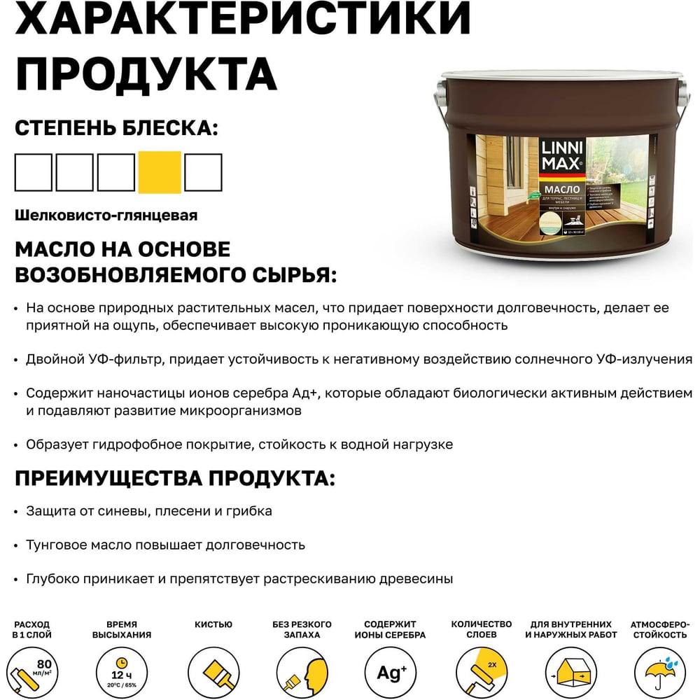 Масло для террас, лестниц и мебели LINNIMAX 9 л 948105195