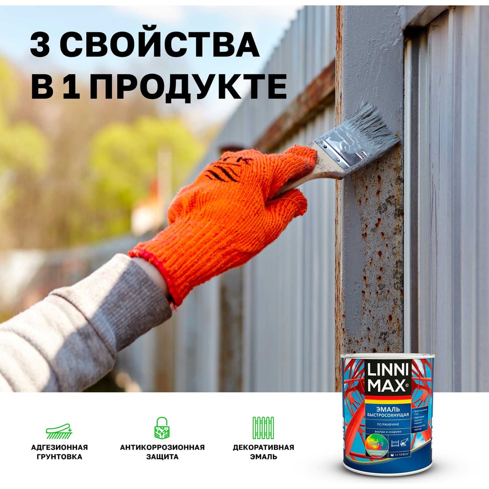 Эмаль быстросохнущая LINNIMAX по ржавчине шелковисто-матовая RAL9005 чёрная 0,75 л 948105237