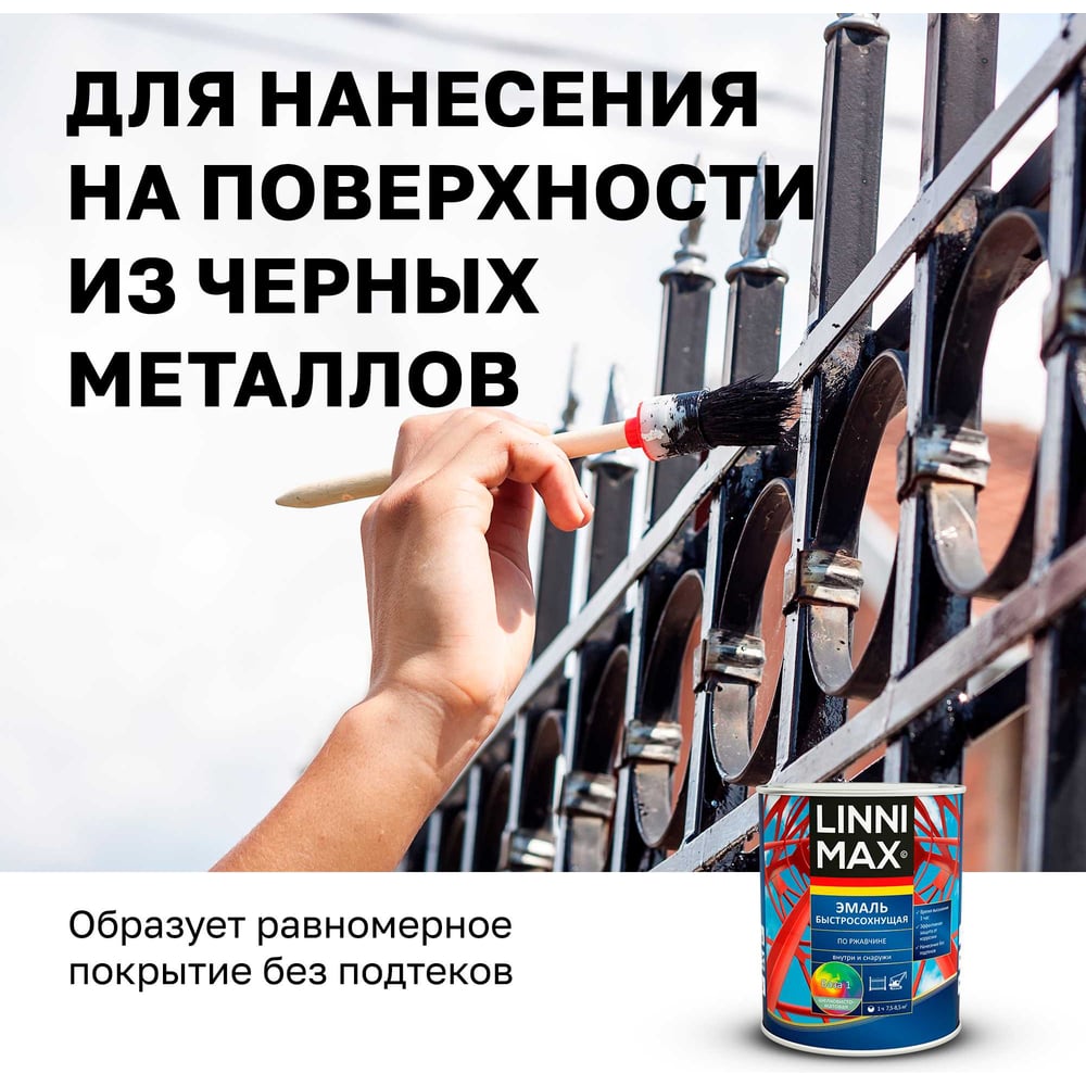 Эмаль быстросохнущая LINNIMAX по ржавчине шелковисто-матовая RAL9005 чёрная 0,75 л 948105237