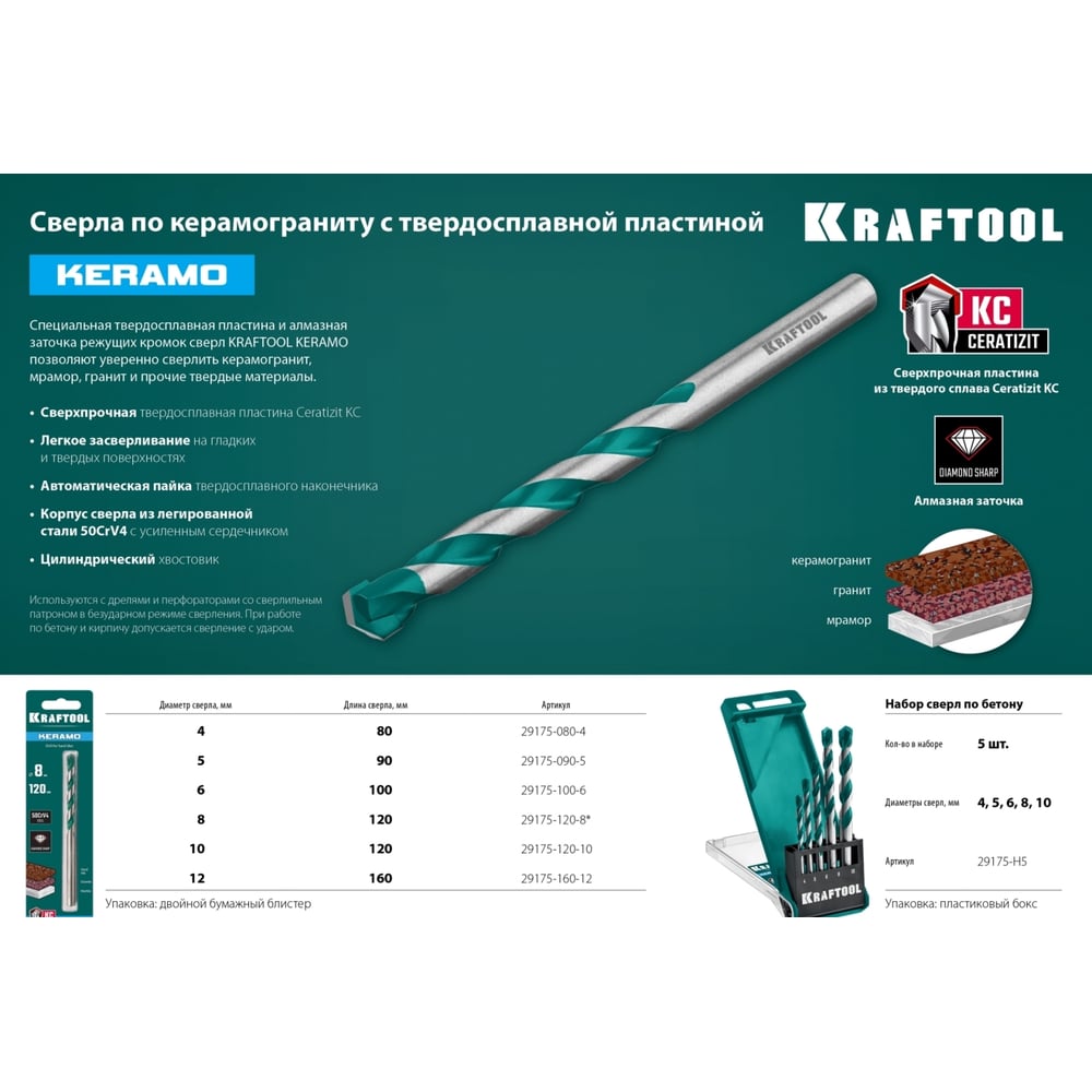 Сверло по керамограниту KRAFTOOL Keramo 10x120 мм 29175-120-10