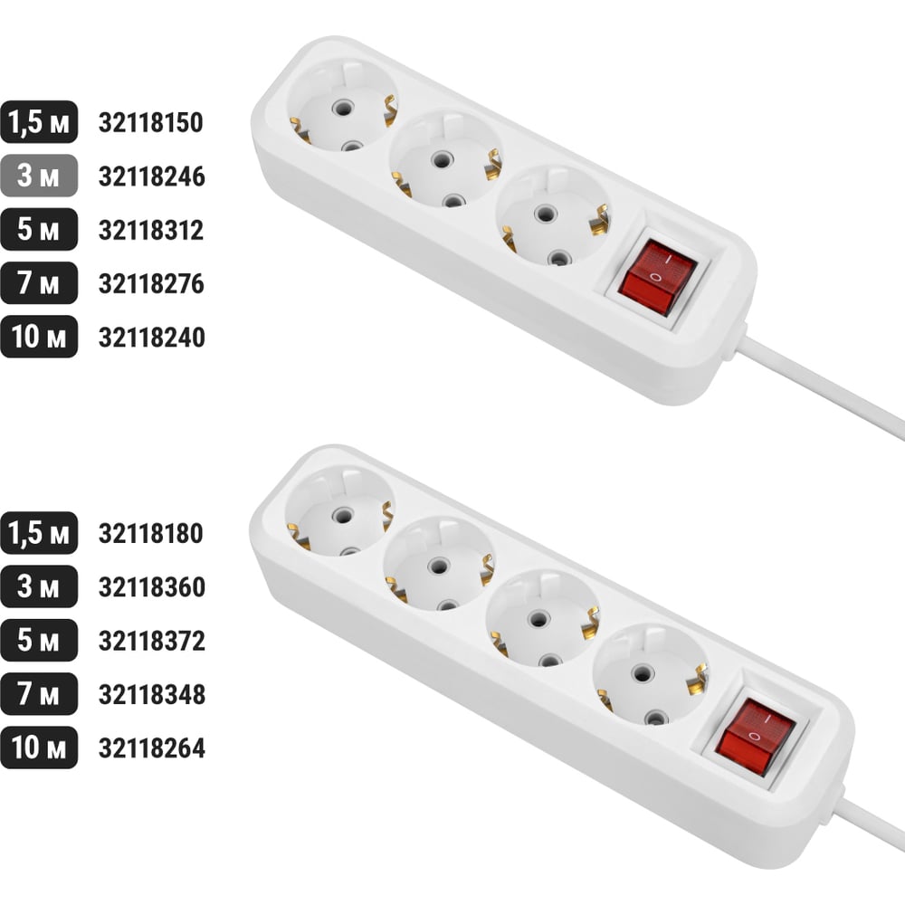 Удлинитель сетевой TDM ELECTRIC с выключателем, 3 розетки, 3 метра, с заземлением, 16 А, 3680 Вт, белый, SQ1303-1421