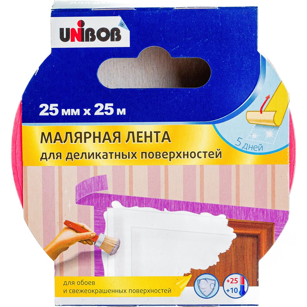 Лента малярная для деликатных поверхностей Unibob розовый , 25мм*25м