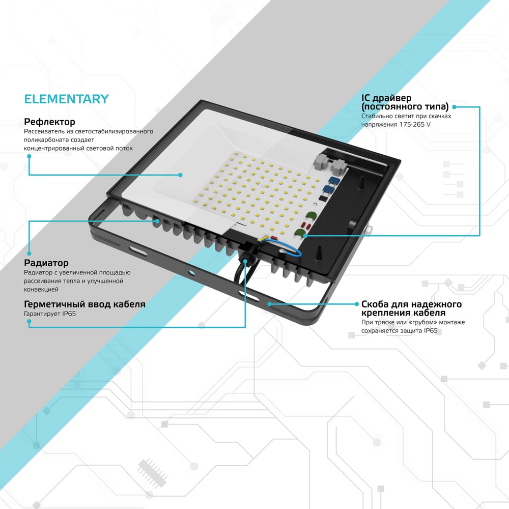 Светодиодный прожектор Gauss Elementary 70W 5950lm IP65 6500К ПРОМО черный 613100370P