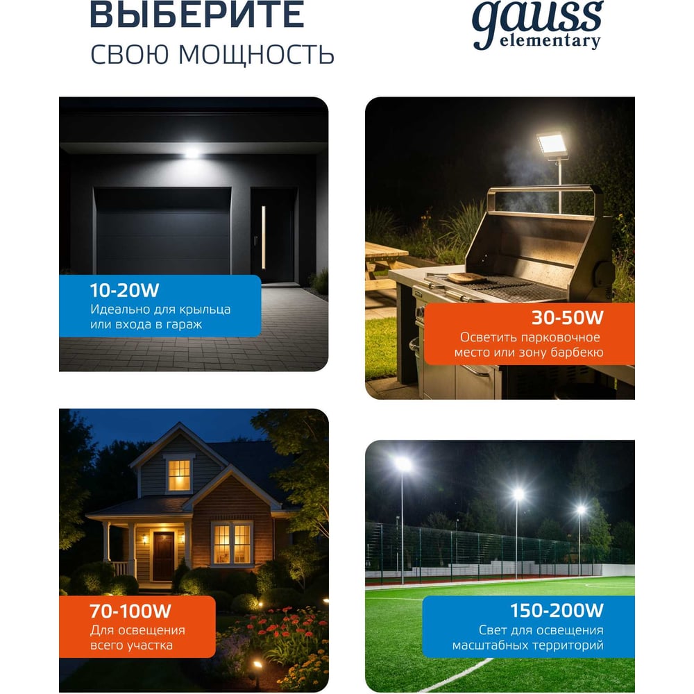 Светодиодный прожектор Gauss Elementary 100W 8500lm IP65 6500К ПРОМО черный 613100100P