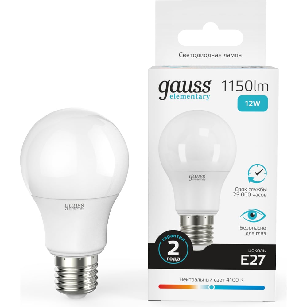 Лампа Gauss LED Elementary A60 12W E27 4100K SQ 23222