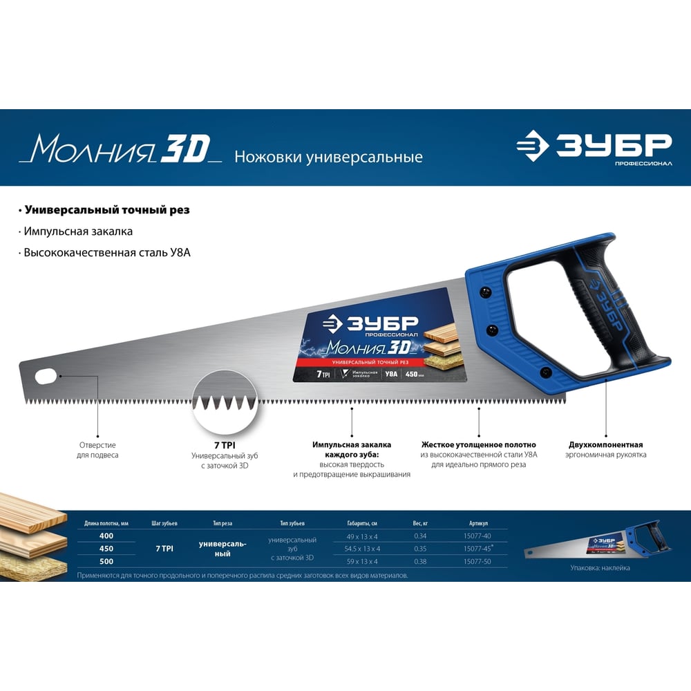 Универсальная ножовка ЗУБР Молния-3D 400 мм, 7TPI 15077-40_z01
