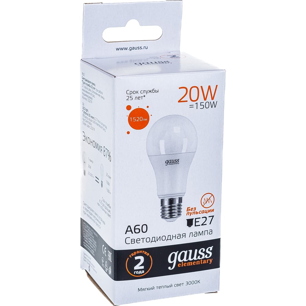 Лампа Gauss LED Elementary A60 20W E27 2700K SQ 23219