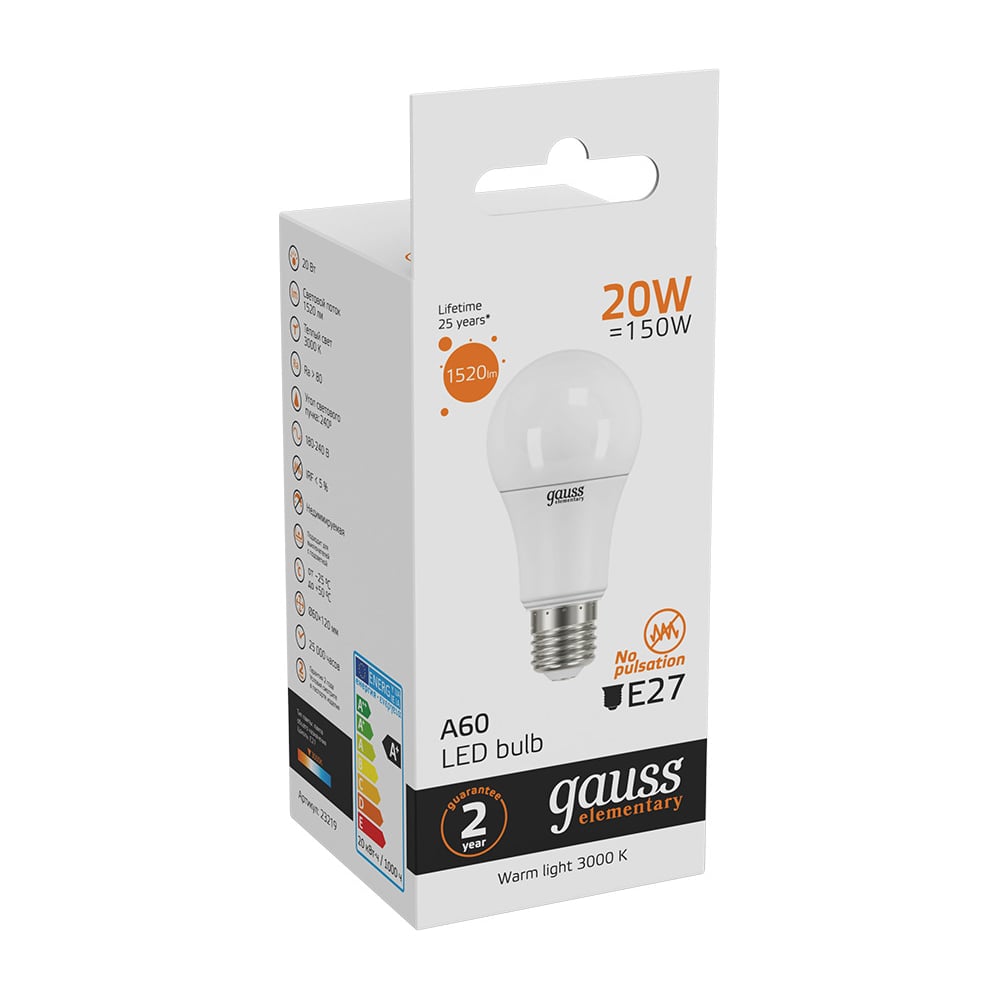 Лампа Gauss LED Elementary A60 20W E27 2700K SQ 23219