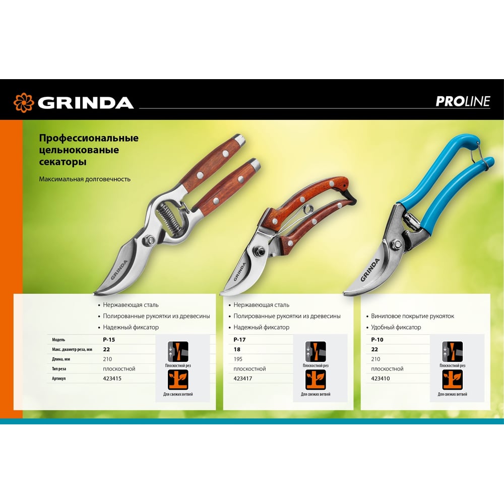 Компактный плоскостной секатор Grinda PRO Line из нержавеющей стали 423417