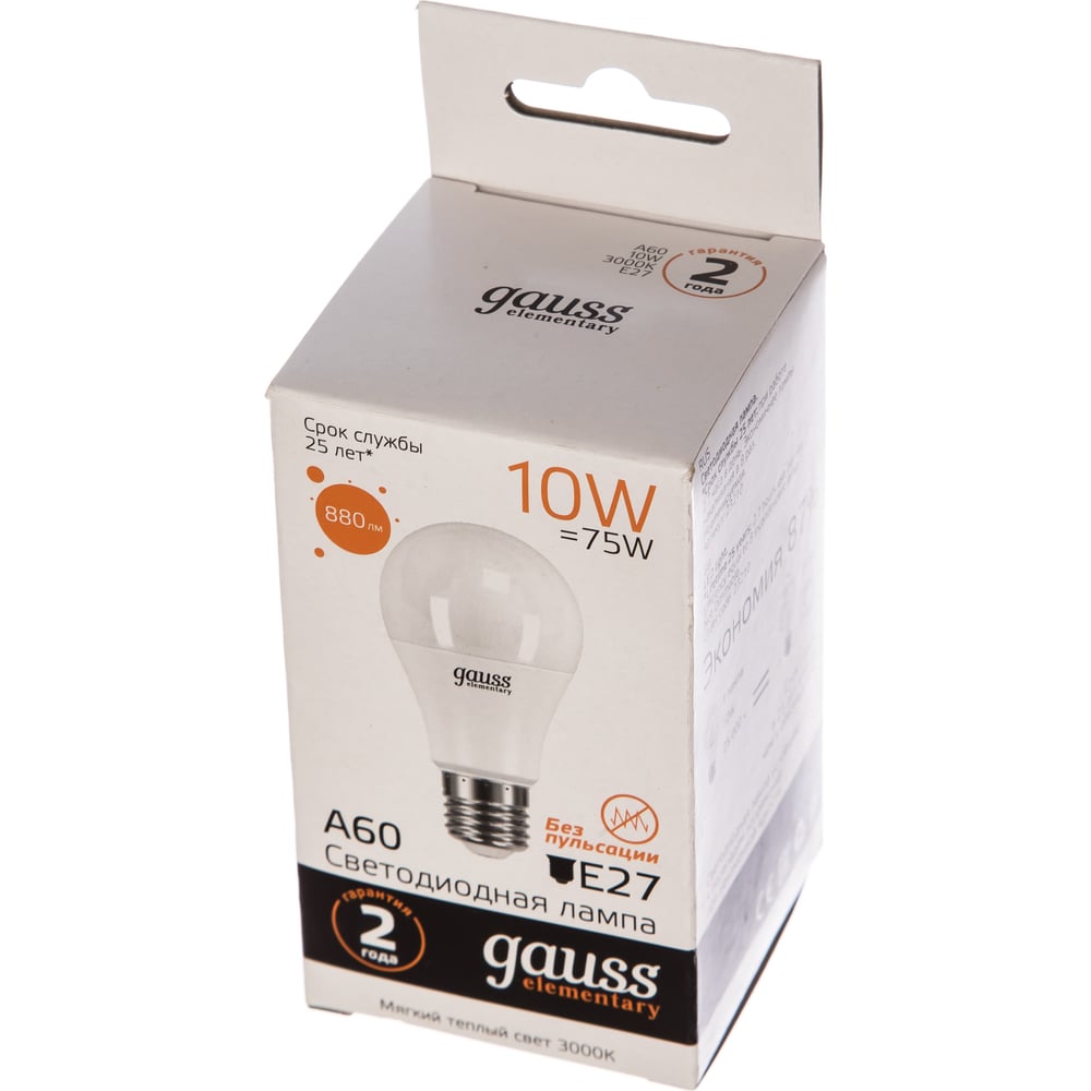 Светодиодная лампа Gauss Elementary A60 10W 880lm 3000K Е27 LED 1/10/50 23210