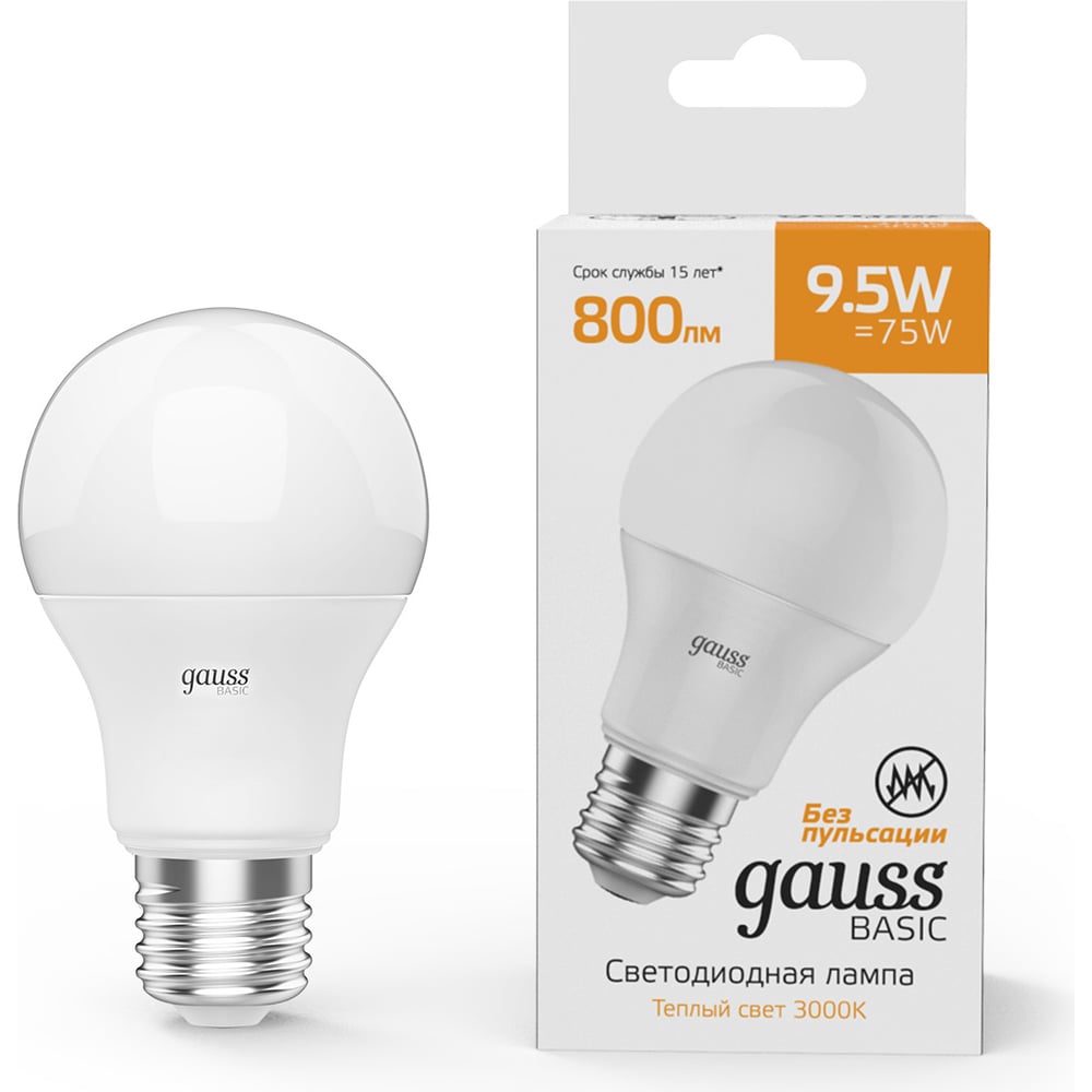 Светодиодная лампа Gauss Elementary A60 10W 880lm 3000K Е27 LED 1/10/50 23210