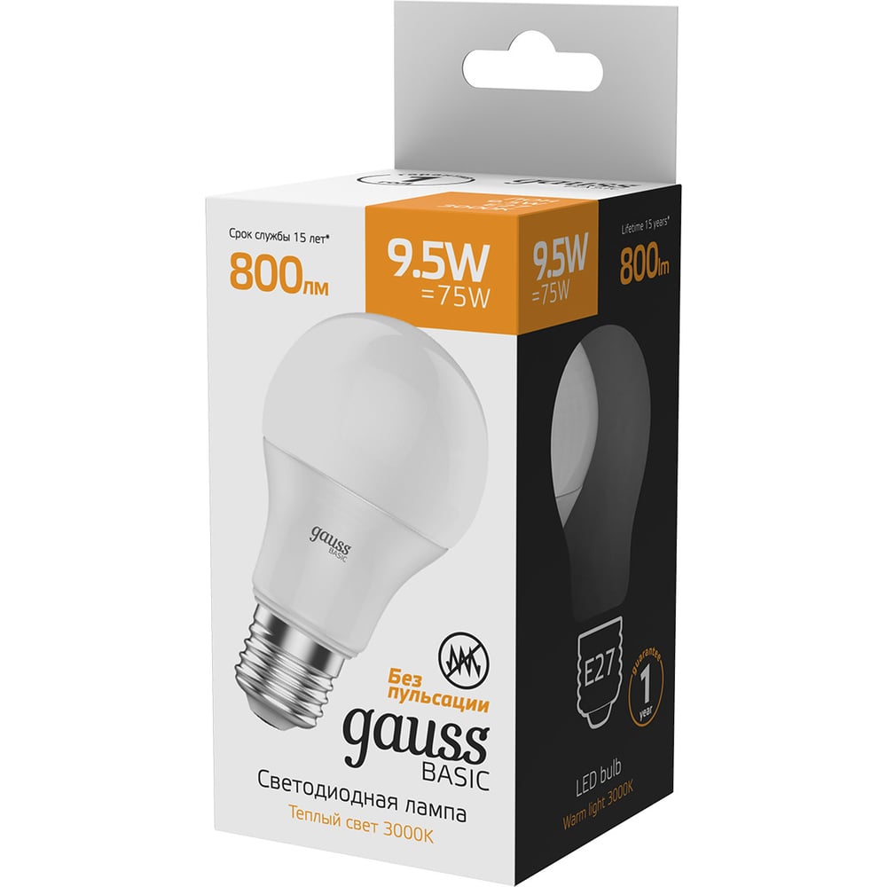 Светодиодная лампа Gauss Elementary A60 10W 880lm 3000K Е27 LED 1/10/50 23210