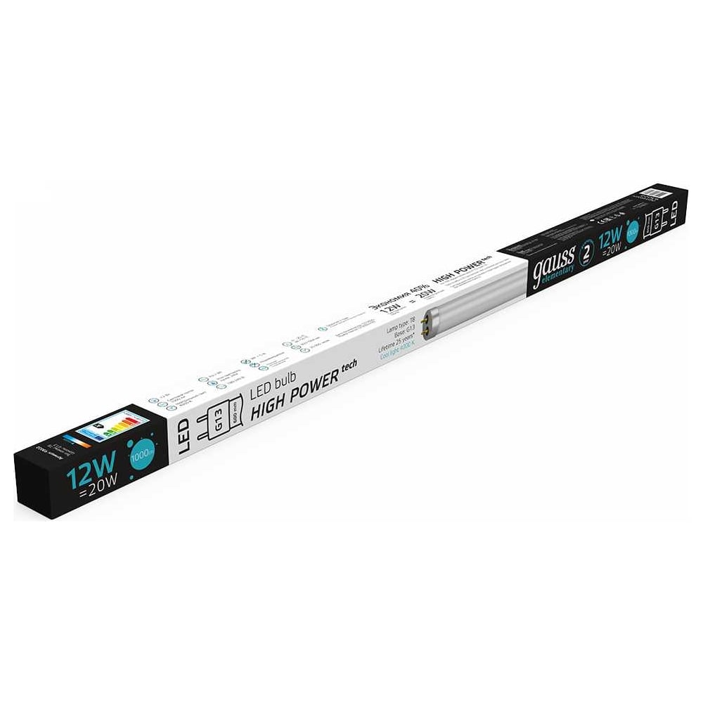Лампа Gauss Elementary T8, 12W, 1000lm, 4000K, G13, 600mm, стекло, LED, 1/20 93022