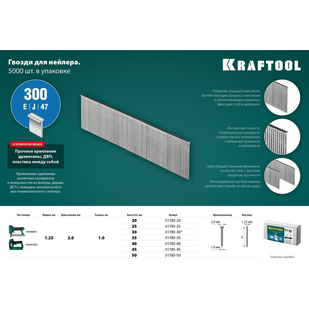 Гвозди для нейлера KRAFTOOL тип 18GA (47/300/F) 25 мм, 5000 шт, 31785-25