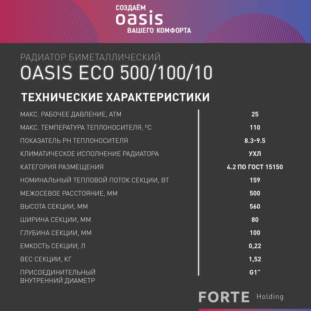 Биметаллический радиатор OASIS Эко 500/100/10 4640039487234