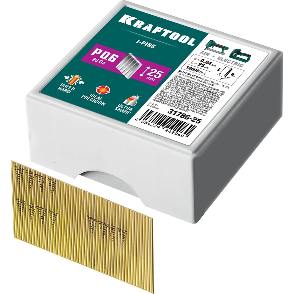 Шпильки для нейлера KRAFTOOL тип 23GA (P0.6) 25мм, 10 000 шт, 31786-25