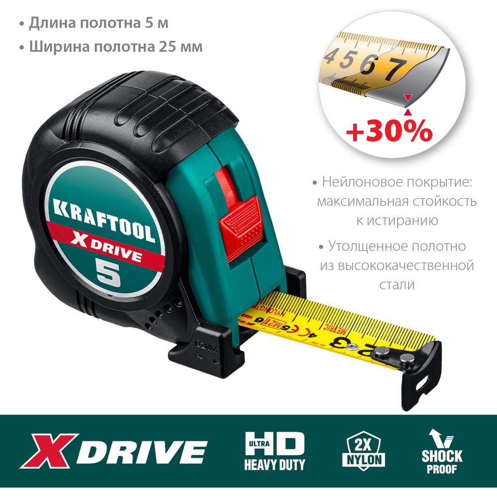 Рулетка KRAFTOOL X-Drive 5м/25мм с ударостойким обрезиненным корпусом 34122-05-25_z02