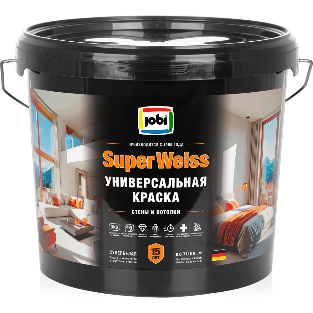 Краска интерьерная высокоукрывистая супербелая SuperWeiss 5л JOBI 36387