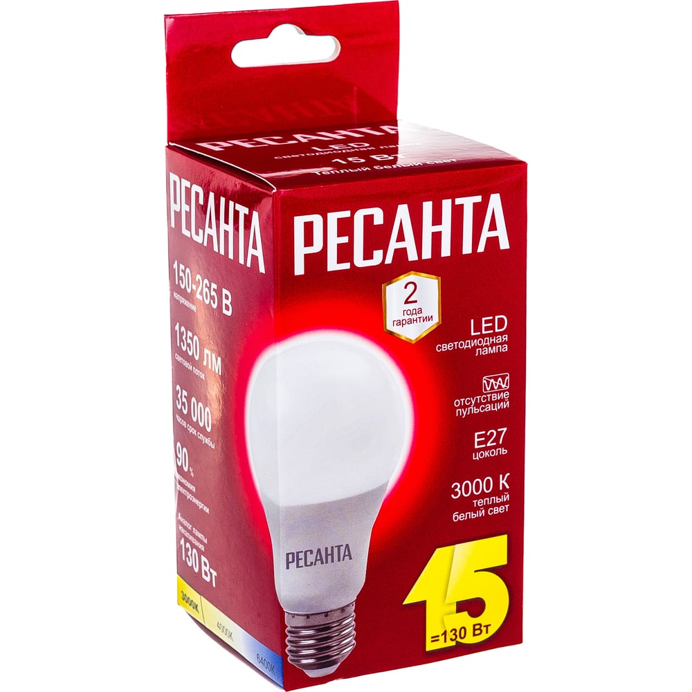 Светодиодная лампа Ресанта LL-R-A65-15W-230-3K-E27 (груша, 15Вт, тепл., Е27) 76/1/19