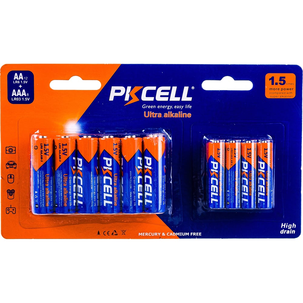 Щелочной/алкалиновый элемент питания PKCell тип - AAA 8 шт + АА 12 шт в блистере LR6(12)+LR03(8)