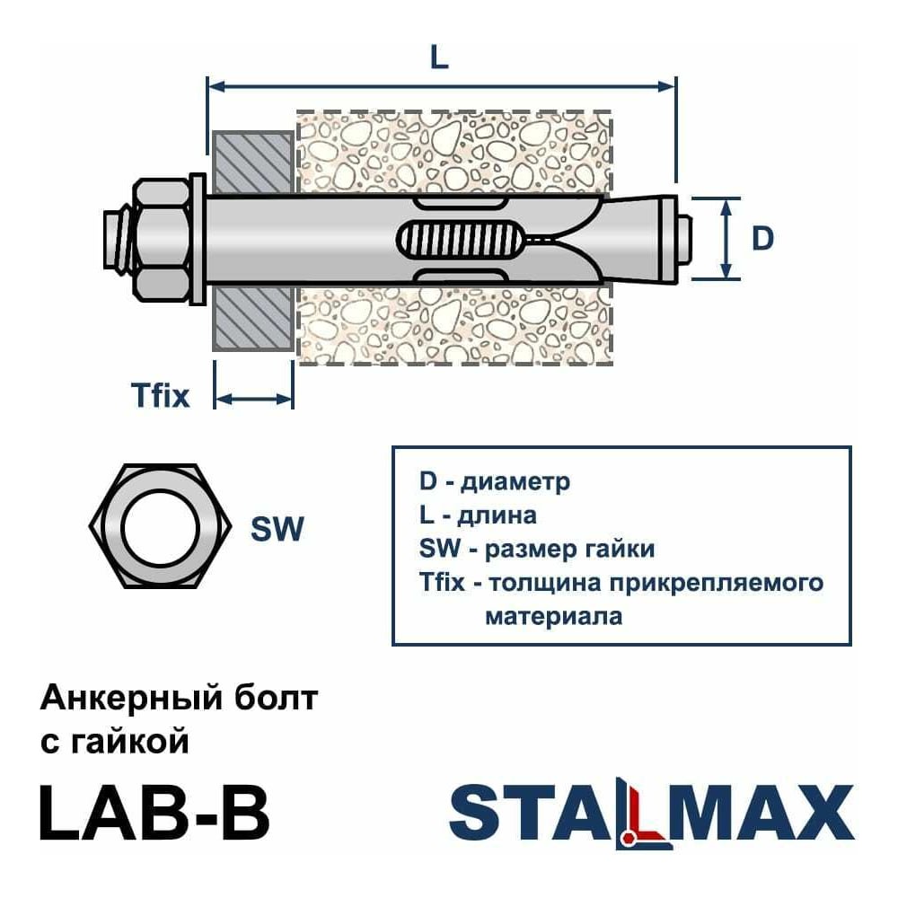 Анкерный болт потайной с гайкой STALMAX LAB-B 14х100 (М10) (арт. 10986) оц. сталь (уп. 45 шт) 10986-023
