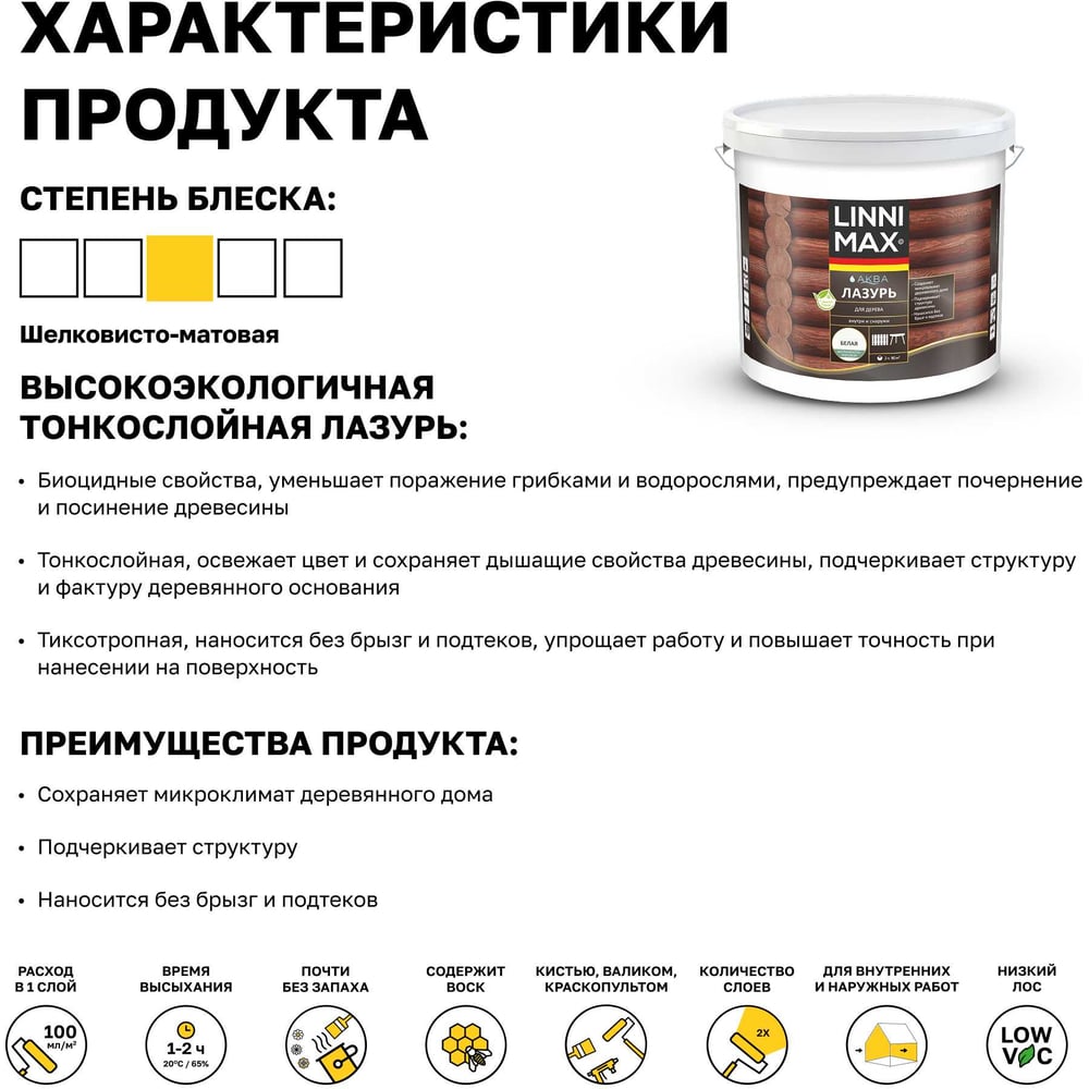 Аква Лазурь для дерева LINNIMAX Белый 9 л 948105376