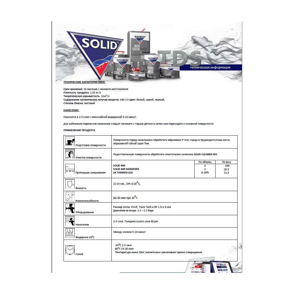 Универсальный грунт SOLID 400 WHITE 750+250 мл, 3+1, цвет белый, в комплекте с отвердителем 040.0725.3