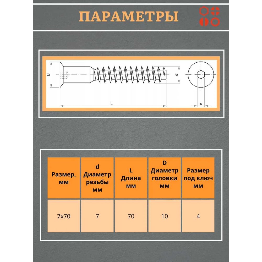 Винт-конфирмат 23 Болта 7x70 мм под шестигранник, 50 шт. 22250