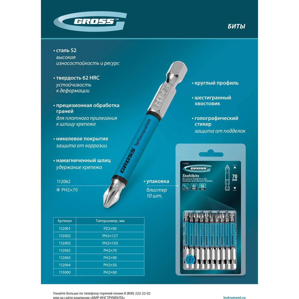 Бита GROSS PH2, 50мм, сталь S2, кругл., 10 шт 112064