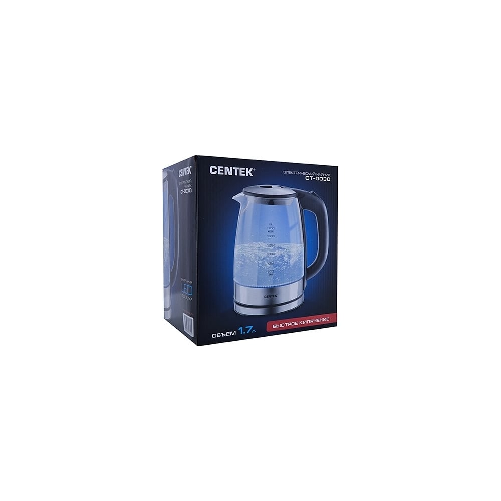Чайник Centek стекло 1.7л, 2200Вт, внутр. LED подсветка,защита от вкл б/воды CT-0030
