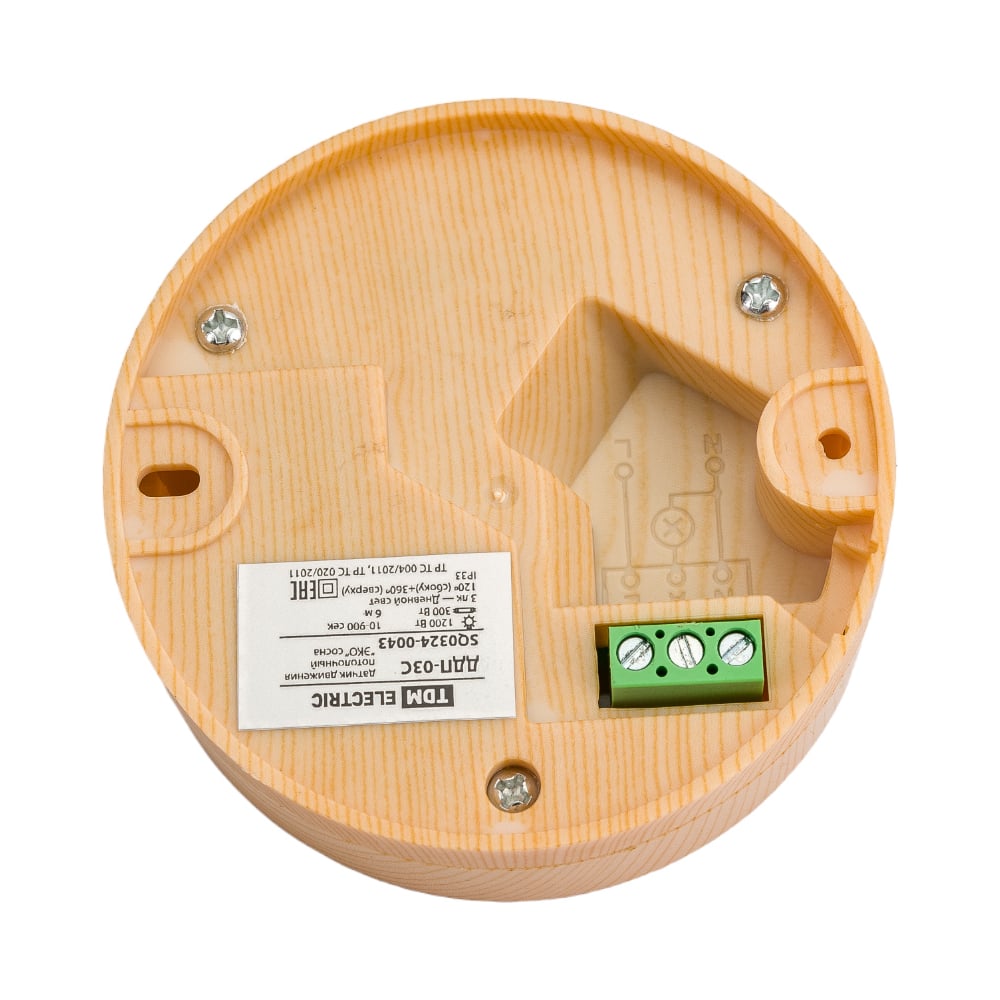 Датчик движения TDM ELECTRIC ДДП-03С "ЭКО" 1200Вт, 10-900с, 6м, 3+Лк, 120 сбоку+360 сверху градусов, IP33, сосна SQ0324-0043