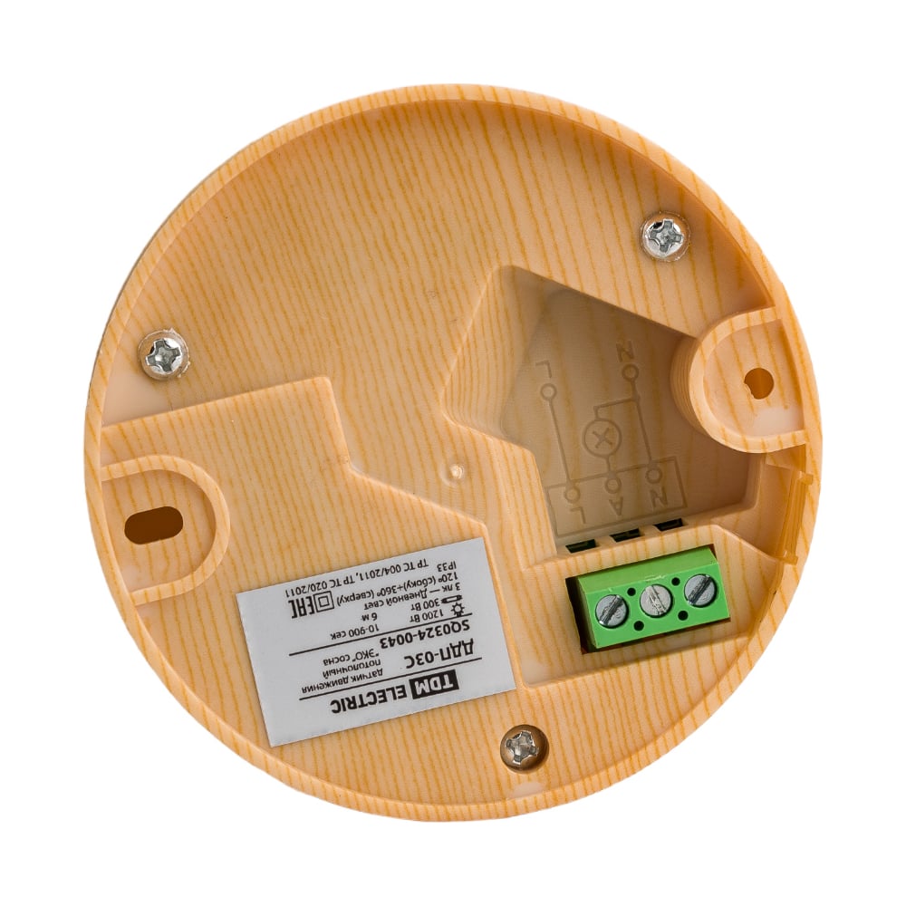 Датчик движения TDM ELECTRIC ДДП-03С "ЭКО" 1200Вт, 10-900с, 6м, 3+Лк, 120 сбоку+360 сверху градусов, IP33, сосна SQ0324-0043